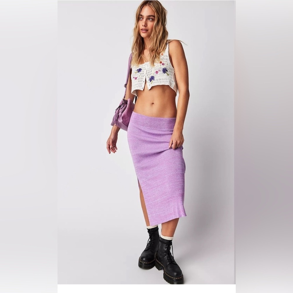 Free People | Alara midi skirt size large purple knit new stretchy spring slit